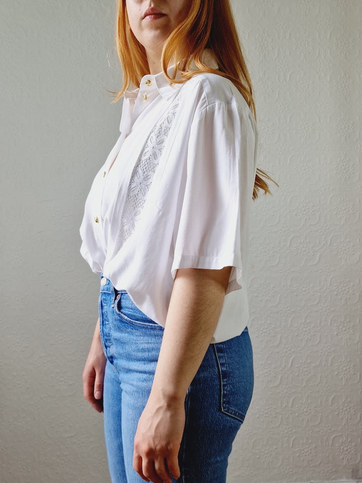 Vintage 80s White Soft Blouse with Lace Details - L/XL