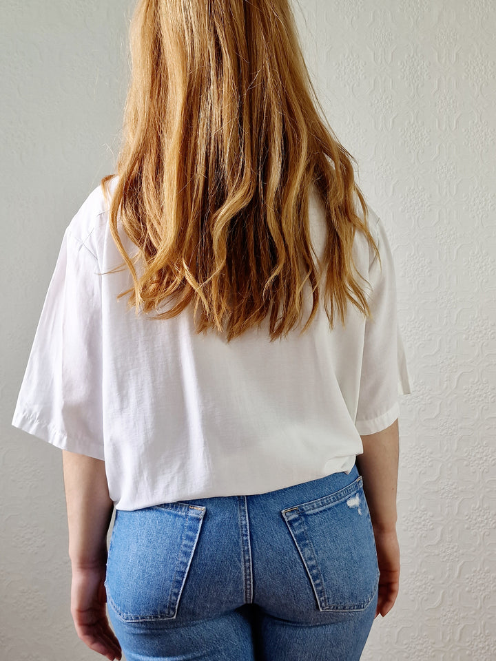 Vintage 80s White Soft Blouse with Lace Details - L/XL