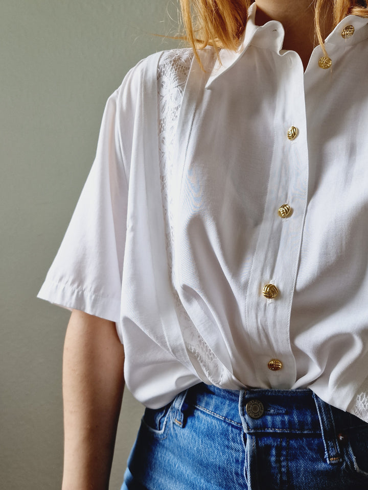 Vintage 80s White Soft Blouse with Lace Details - L/XL