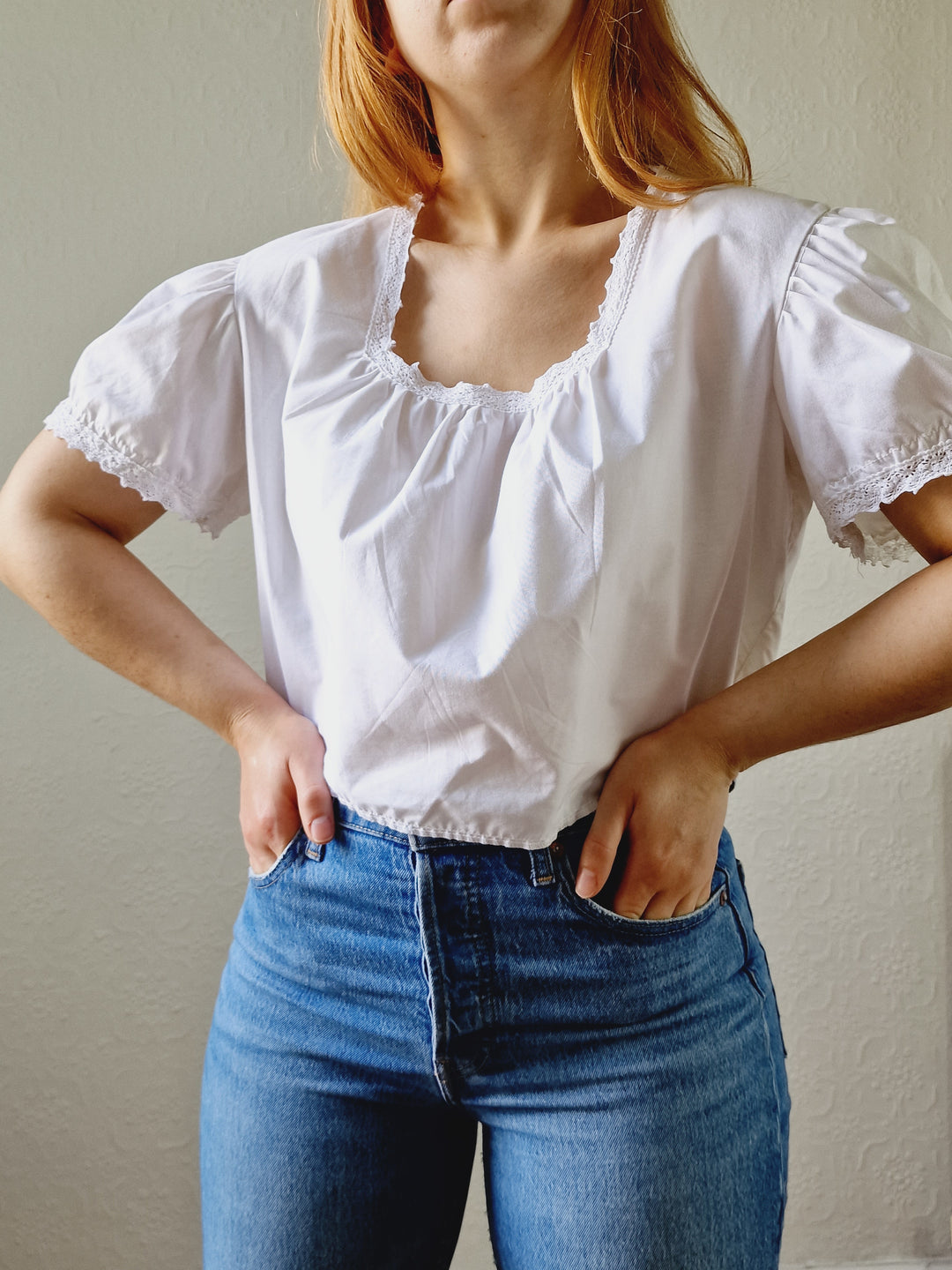 Vintage White Cotton Lacy Blouse with Square Neckline and Puff Sleeves - M/L