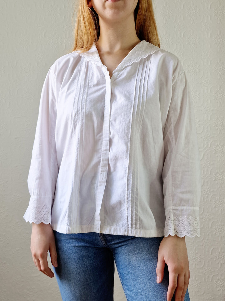 Vintage White Cotton Broderie Anglaise 7/8 Sleeve Blouse - M/L