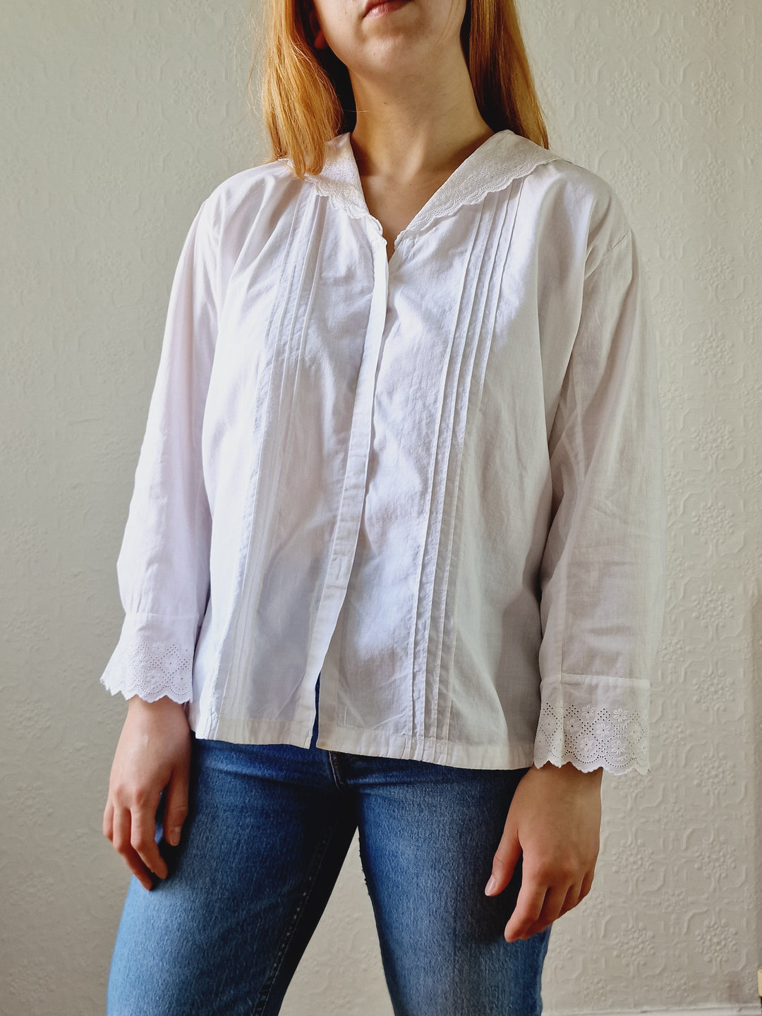 Vintage White Cotton Broderie Anglaise 7/8 Sleeve Blouse - M/L