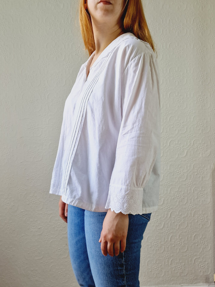 Vintage White Cotton Broderie Anglaise 7/8 Sleeve Blouse - M/L