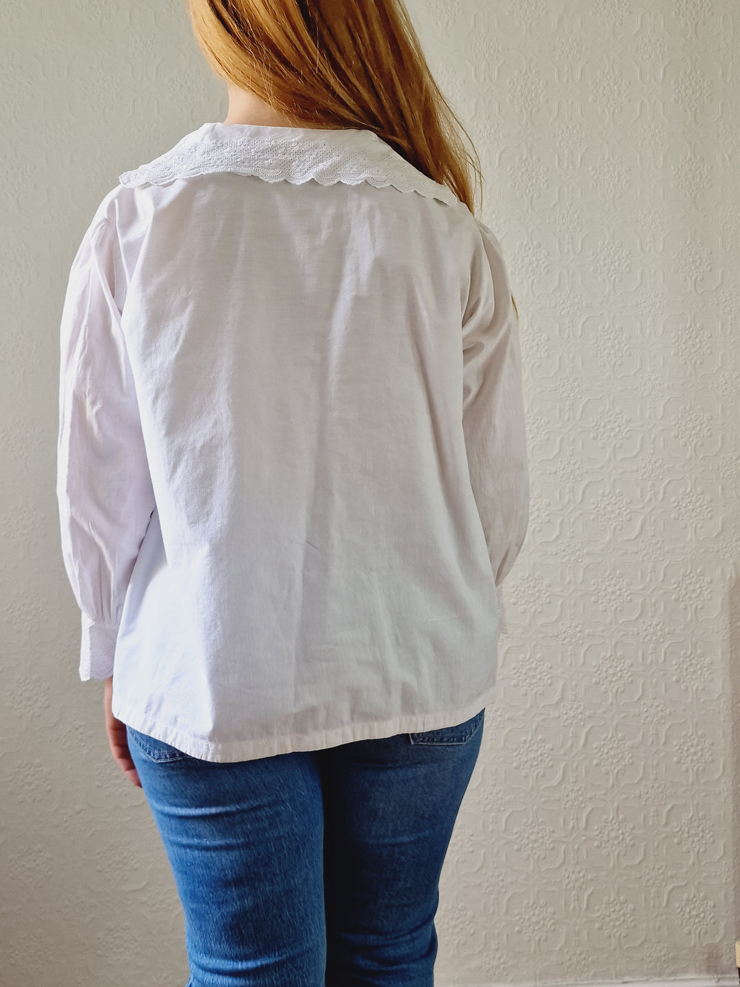 Vintage White Cotton Broderie Anglaise 7/8 Sleeve Blouse - M/L