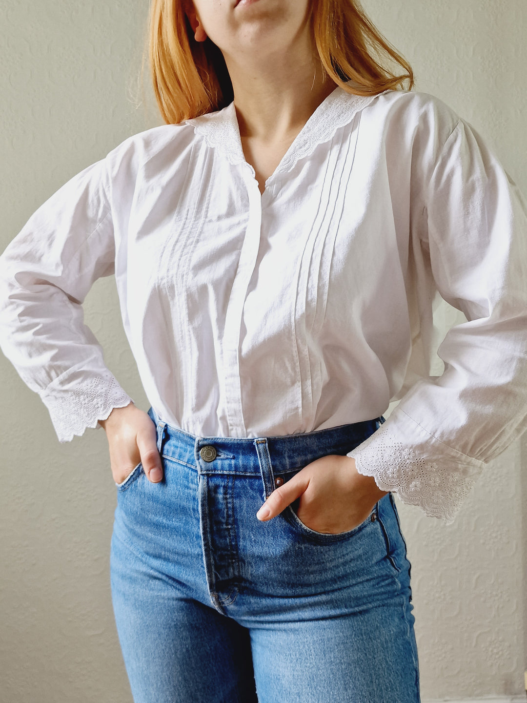 Vintage White Cotton Broderie Anglaise 7/8 Sleeve Blouse - M/L