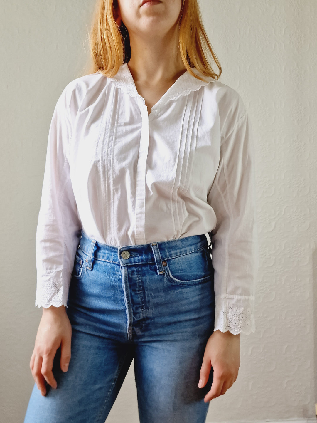 Vintage White Cotton Broderie Anglaise 7/8 Sleeve Blouse - M/L