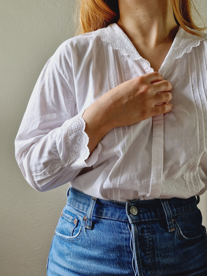 Vintage White Cotton Broderie Anglaise 7/8 Sleeve Blouse - M/L