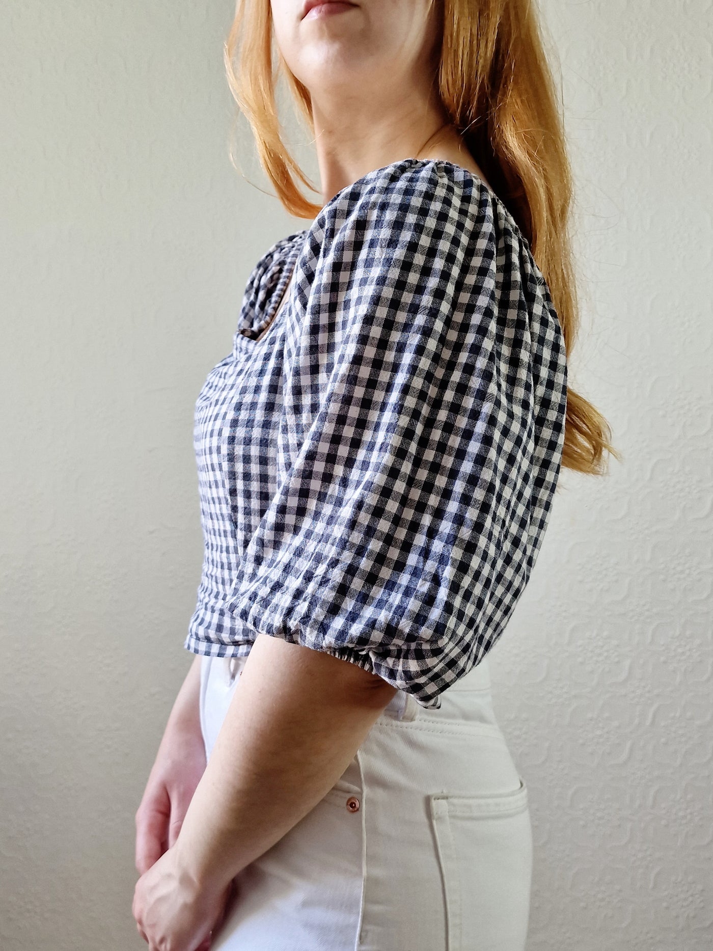 Vintage Black & White Gingham Cropped Blouse Top with Puff Sleeves - M