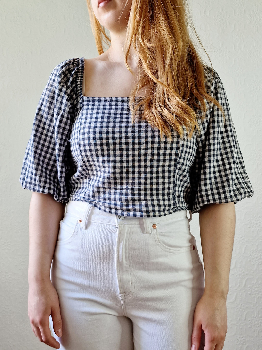 Vintage Black & White Gingham Cropped Blouse Top with Puff Sleeves - M