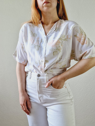Vintage 80s White Short Sleeve Blouse with Pink Floral Print - M