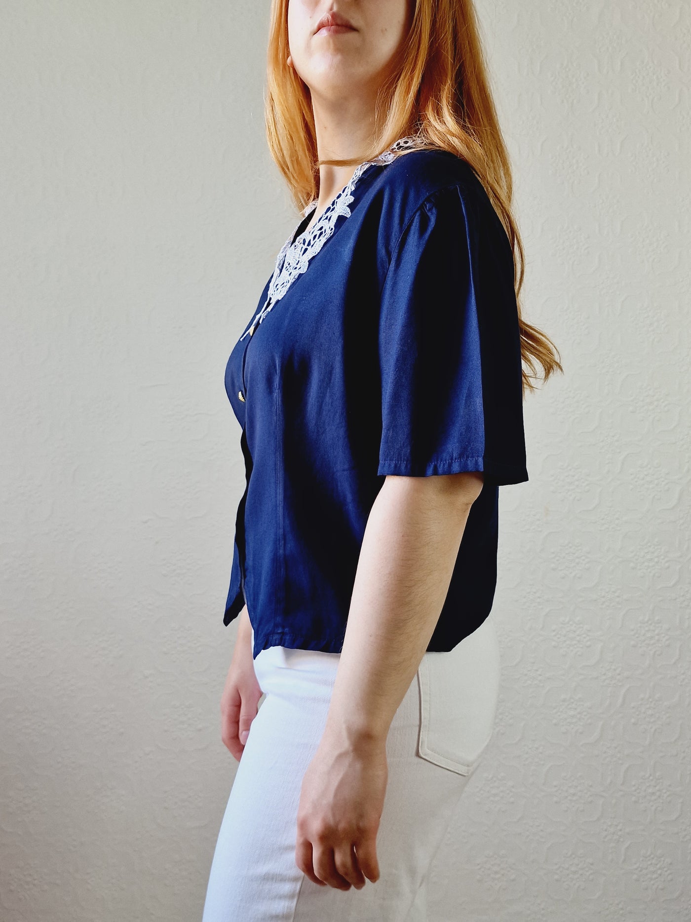 Vintage 80s Navy Blue Short Sleeve Blouse with Lace Collar - S/M