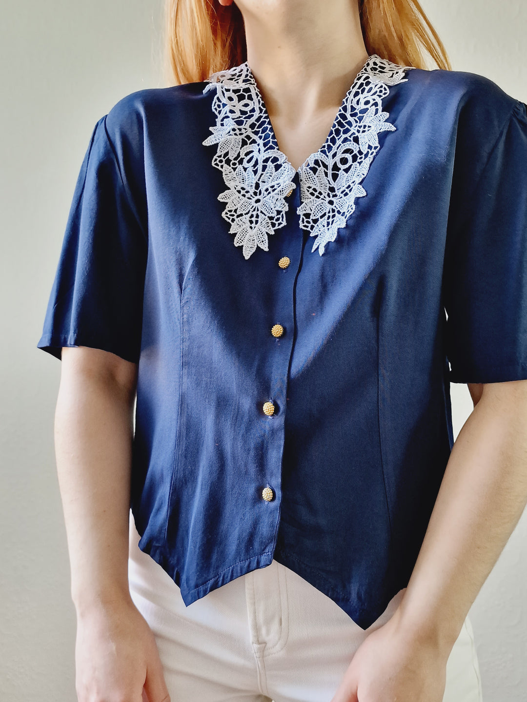 Vintage 80s Navy Blue Short Sleeve Blouse with Lace Collar - S/M