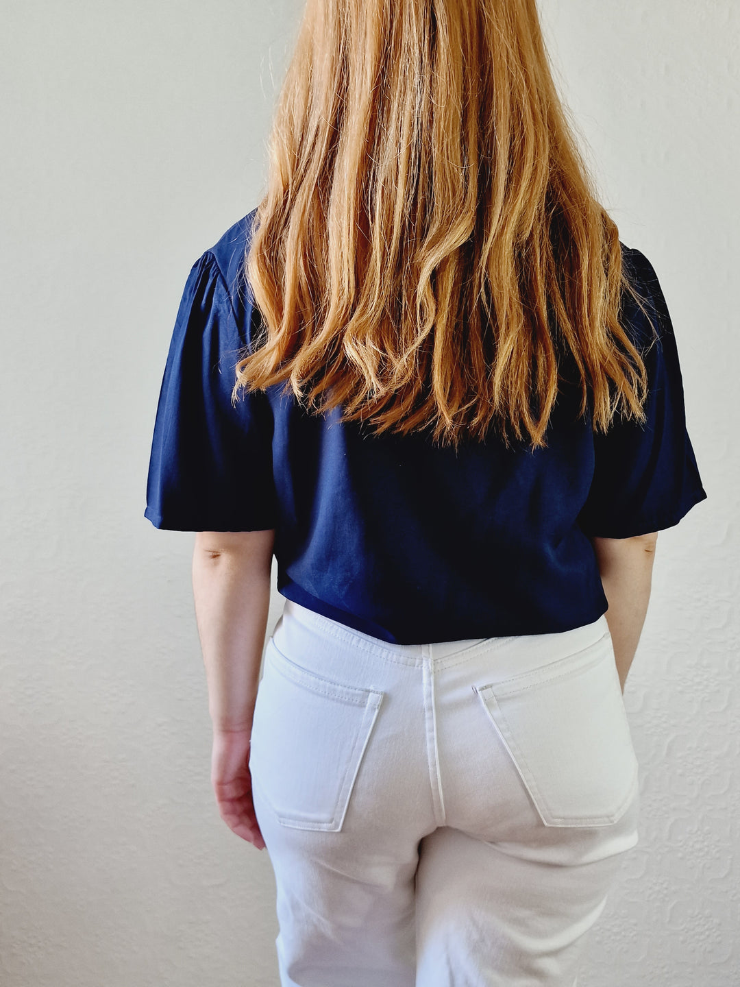 Vintage 80s Navy Blue Short Sleeve Blouse with Lace Collar - S/M