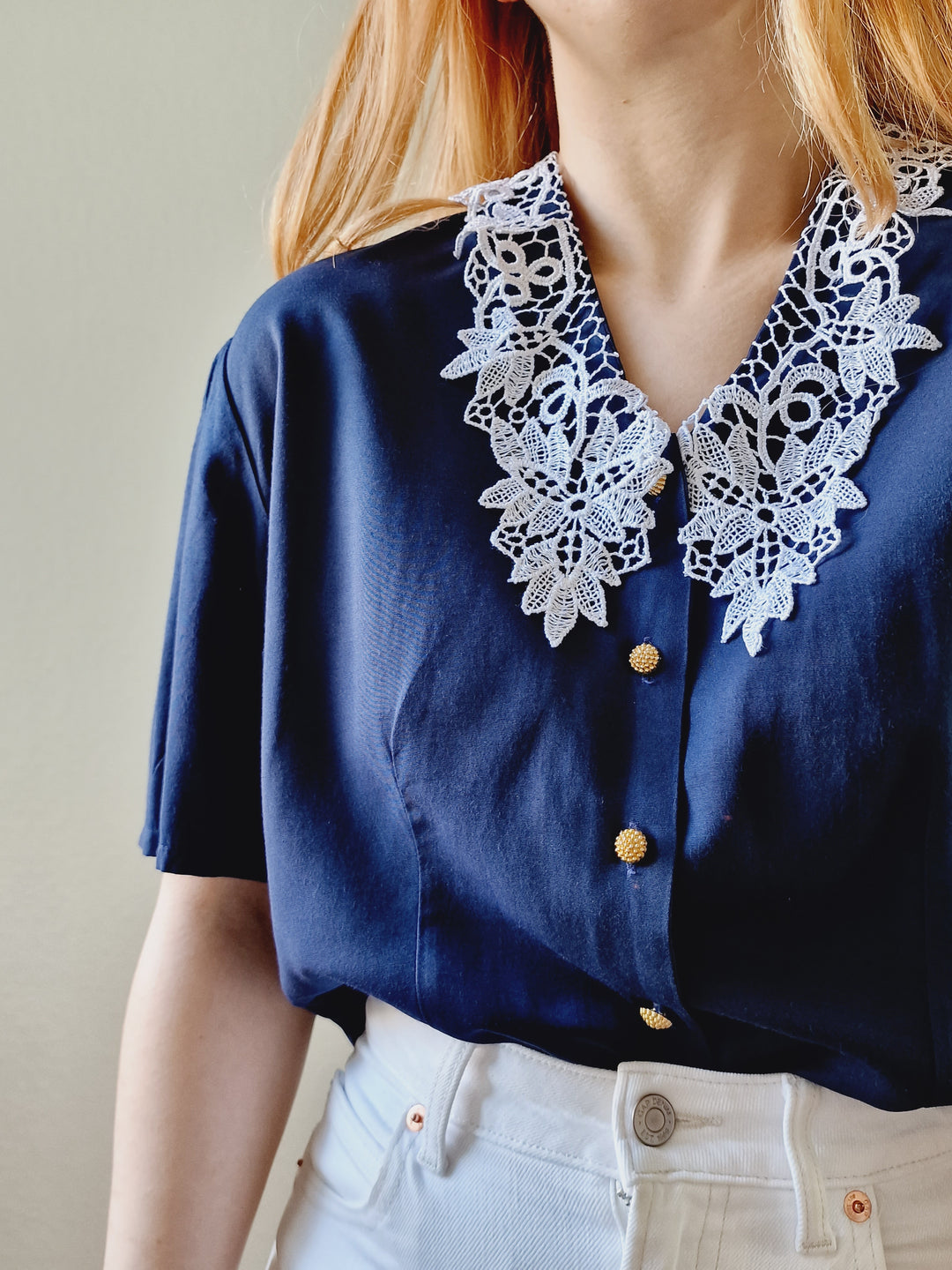 Vintage 80s Navy Blue Short Sleeve Blouse with Lace Collar - S/M