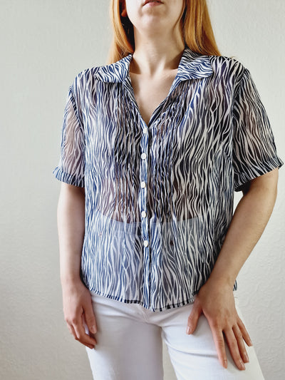 Vintage 90s Navy Blue & White Abstract Pattern Short Sleeve Blouse - M