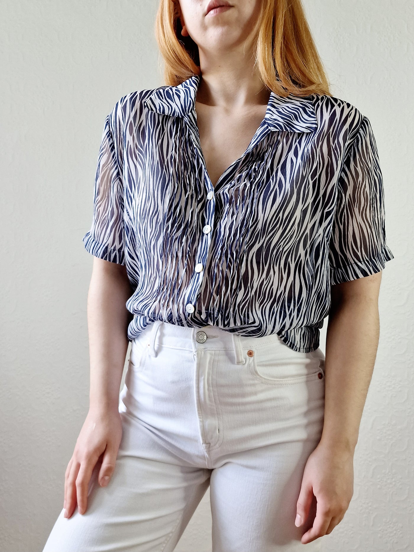Vintage 90s Navy Blue & White Abstract Pattern Short Sleeve Blouse - M