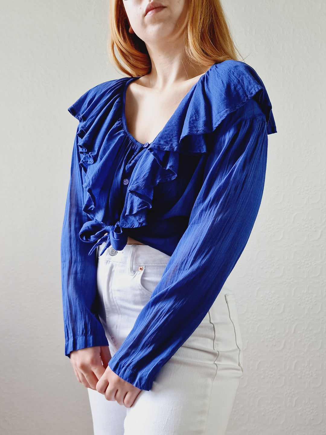 Vintage Electric Blue Blouse with Ruffles and Front Ties - S/M