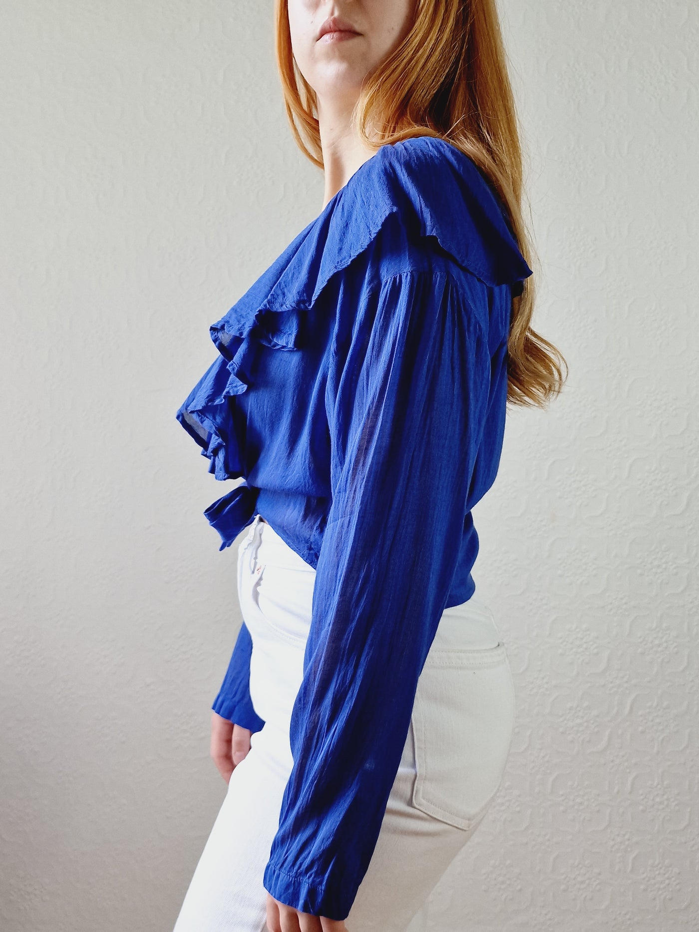 Vintage Electric Blue Blouse with Ruffles and Front Ties - S/M