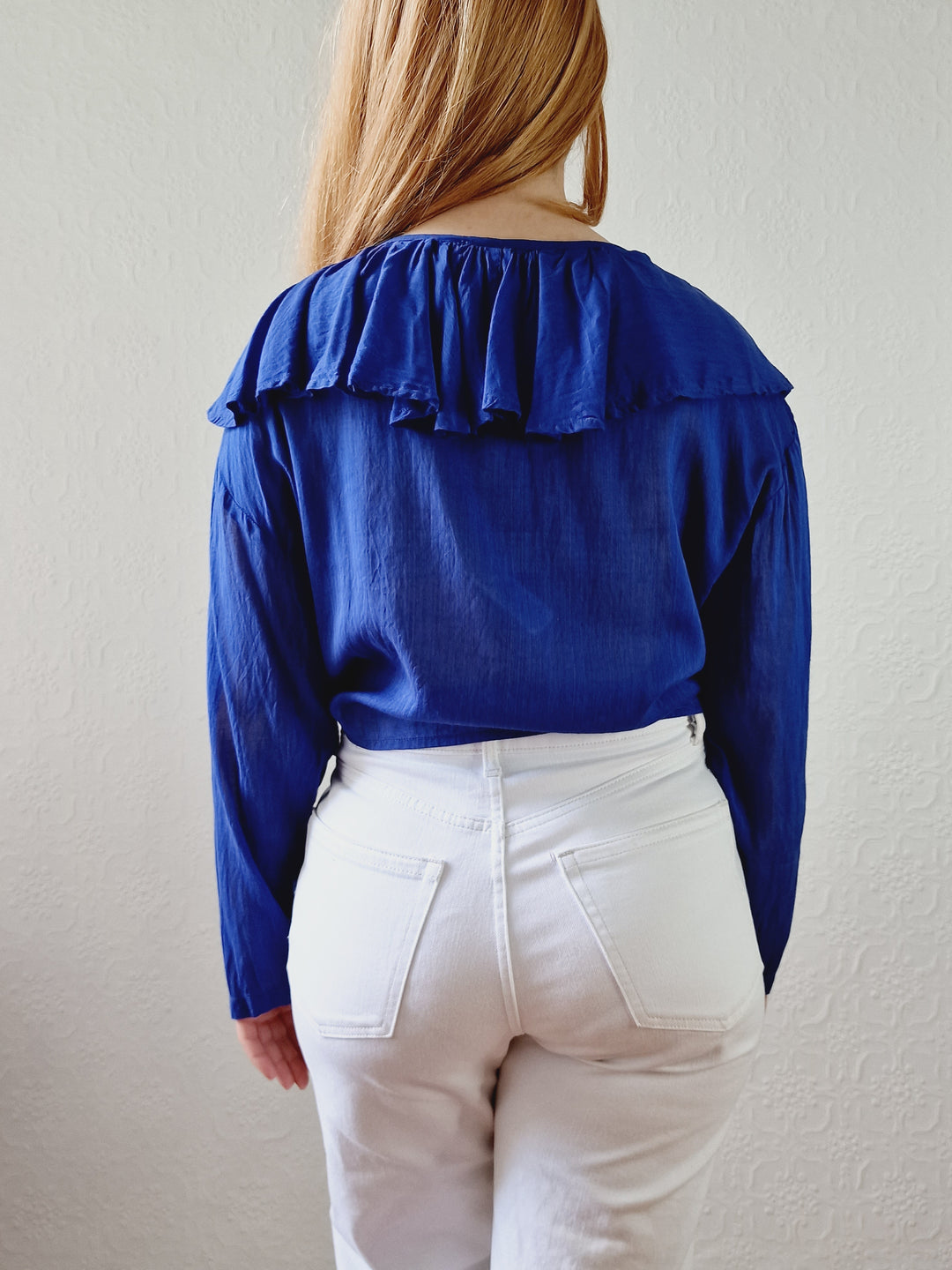 Vintage Electric Blue Blouse with Ruffles and Front Ties - S/M