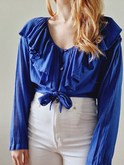 Vintage Electric Blue Blouse with Ruffles and Front Ties - S/M