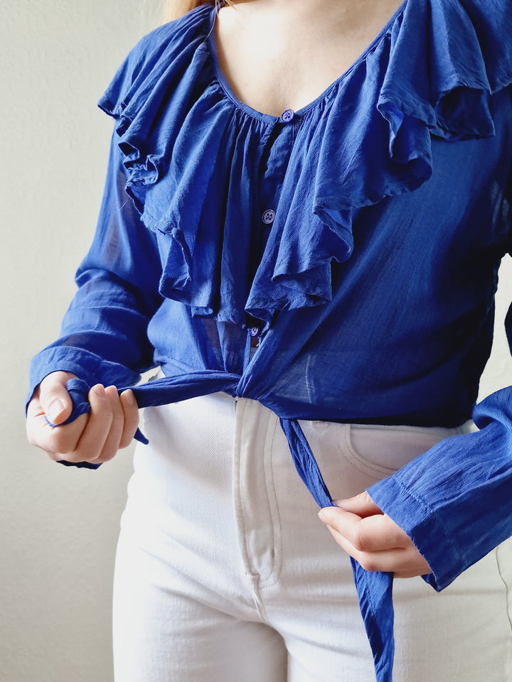 Vintage Electric Blue Blouse with Ruffles and Front Ties - S/M