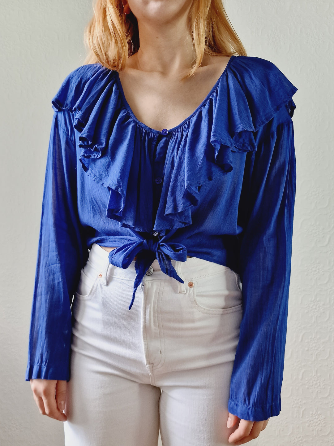 Vintage Electric Blue Blouse with Ruffles and Front Ties - S/M