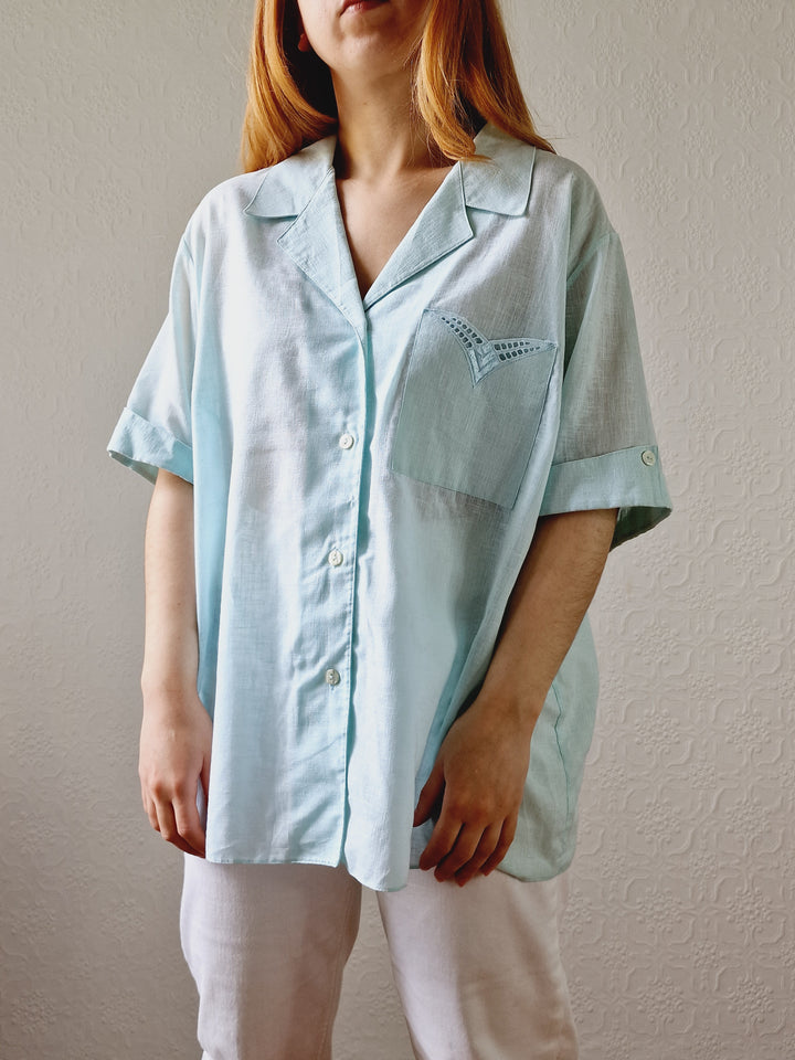 Vintage 80s Mint Green Short Sleeve Blouse - XXL