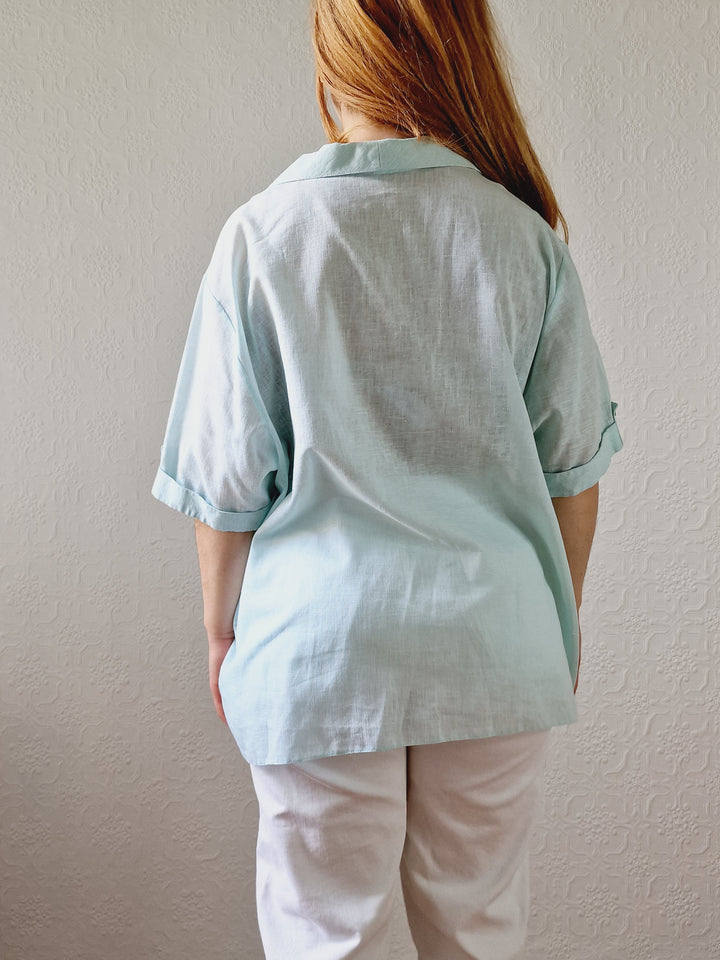 Vintage 80s Mint Green Short Sleeve Blouse - XXL