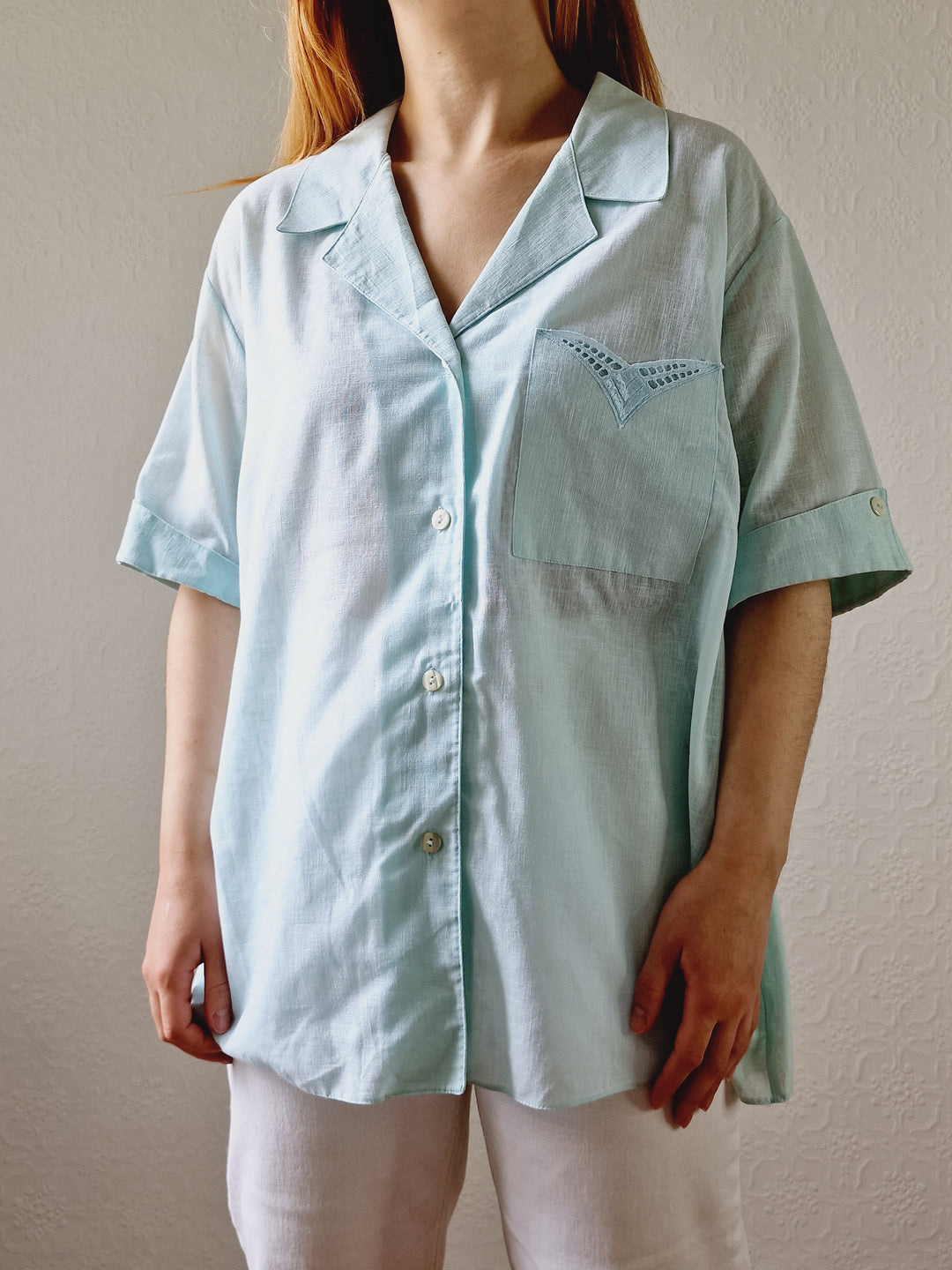 Vintage 80s Mint Green Short Sleeve Blouse - XXL