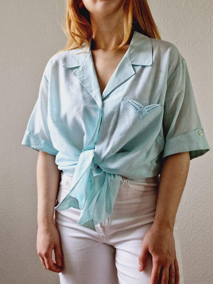 Vintage 80s Mint Green Short Sleeve Blouse - XXL