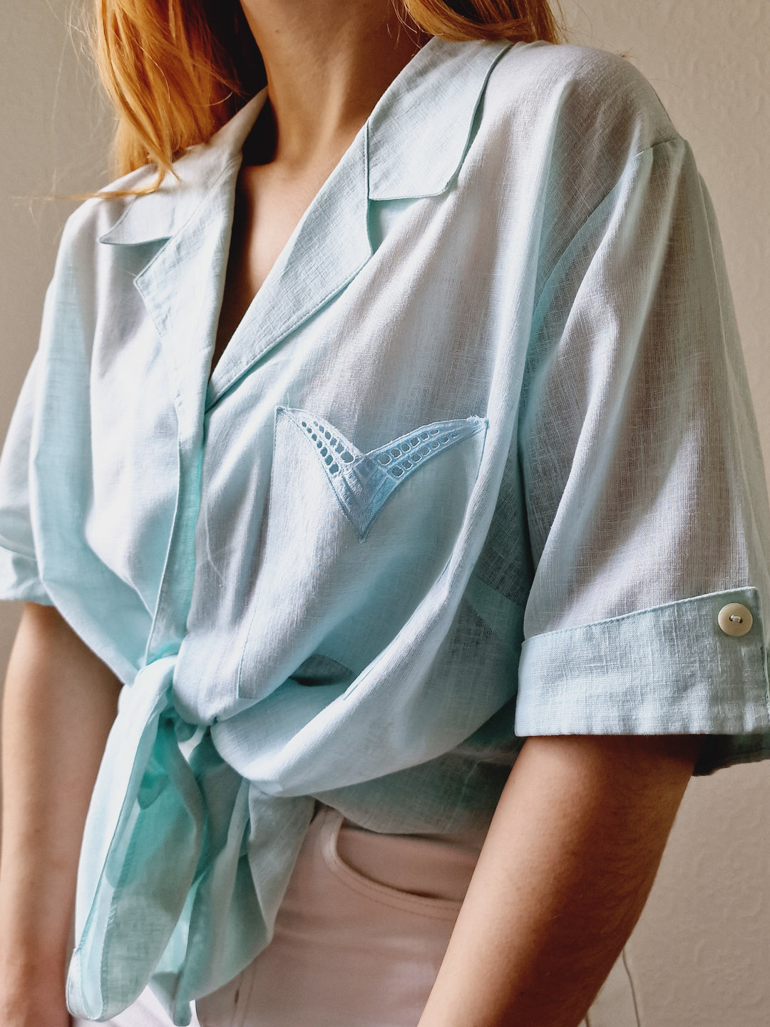 Vintage 80s Mint Green Short Sleeve Blouse - XXL