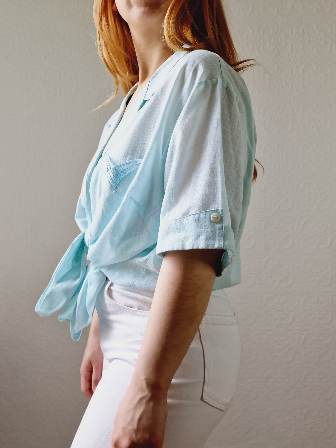 Vintage 80s Mint Green Short Sleeve Blouse - XXL