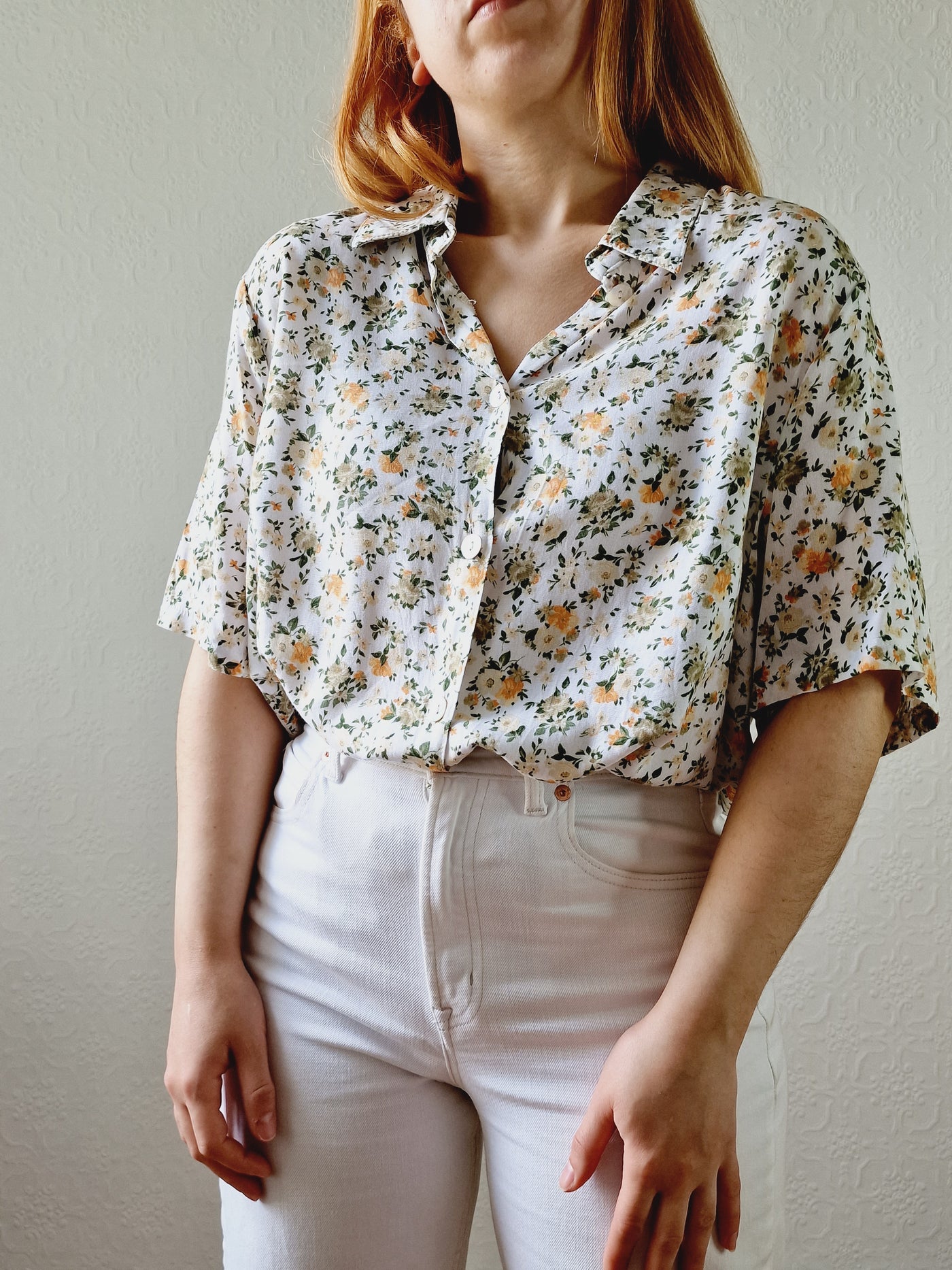 Vintage 80s White Short Sleeve Blouse with Green Floral Print - L