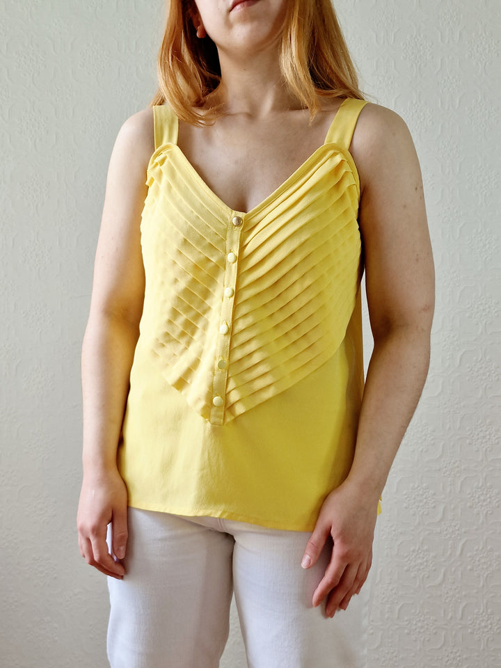 Vintage 90s Yellow Button Down Sleeveless Blouse - S