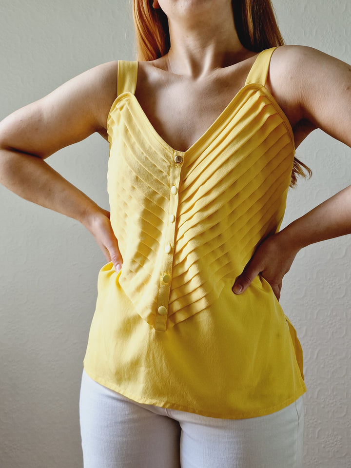 Vintage 90s Yellow Button Down Sleeveless Blouse - S