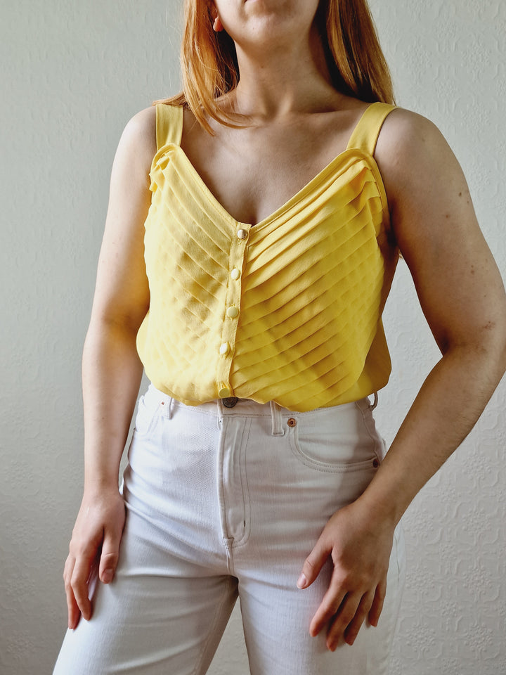 Vintage 90s Yellow Button Down Sleeveless Blouse - S