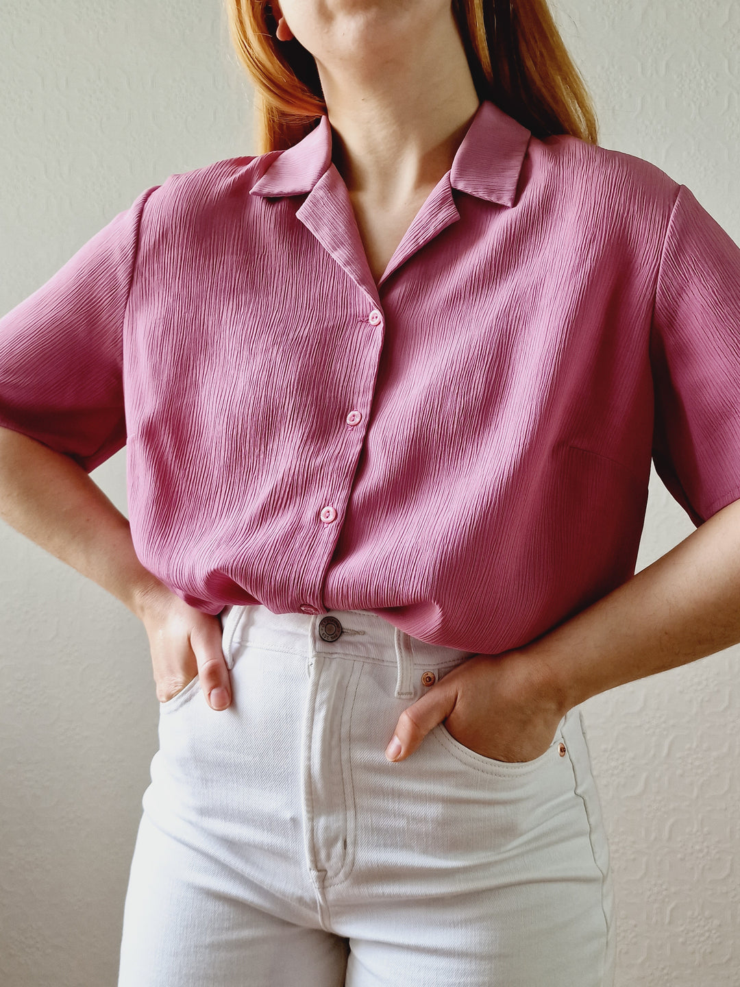 Vintage 90s Mauve Purple Button Down Half Sleeve Blouse - M/L