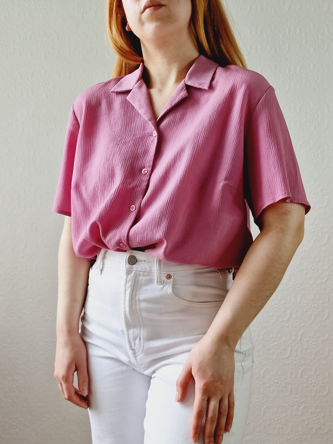 Vintage 90s Mauve Purple Button Down Half Sleeve Blouse - M/L