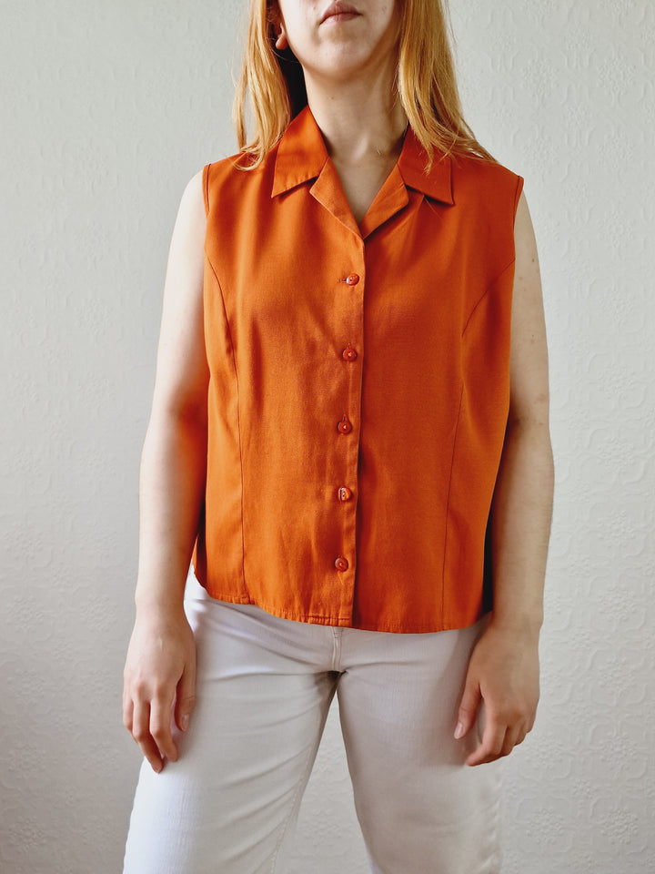 Vintage 90s Burnt Orange Button Down Sleeveless Blouse - L