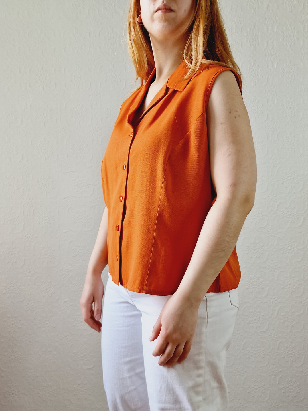 Vintage 90s Burnt Orange Button Down Sleeveless Blouse - L