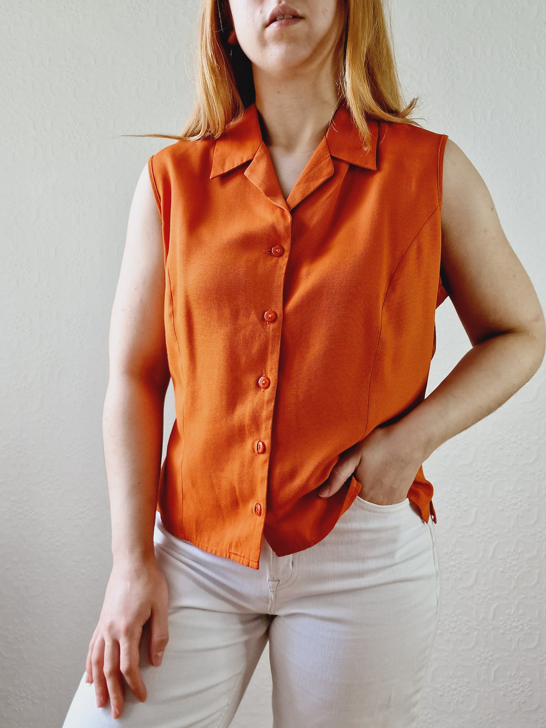 Vintage 90s Burnt Orange Button Down Sleeveless Blouse - L