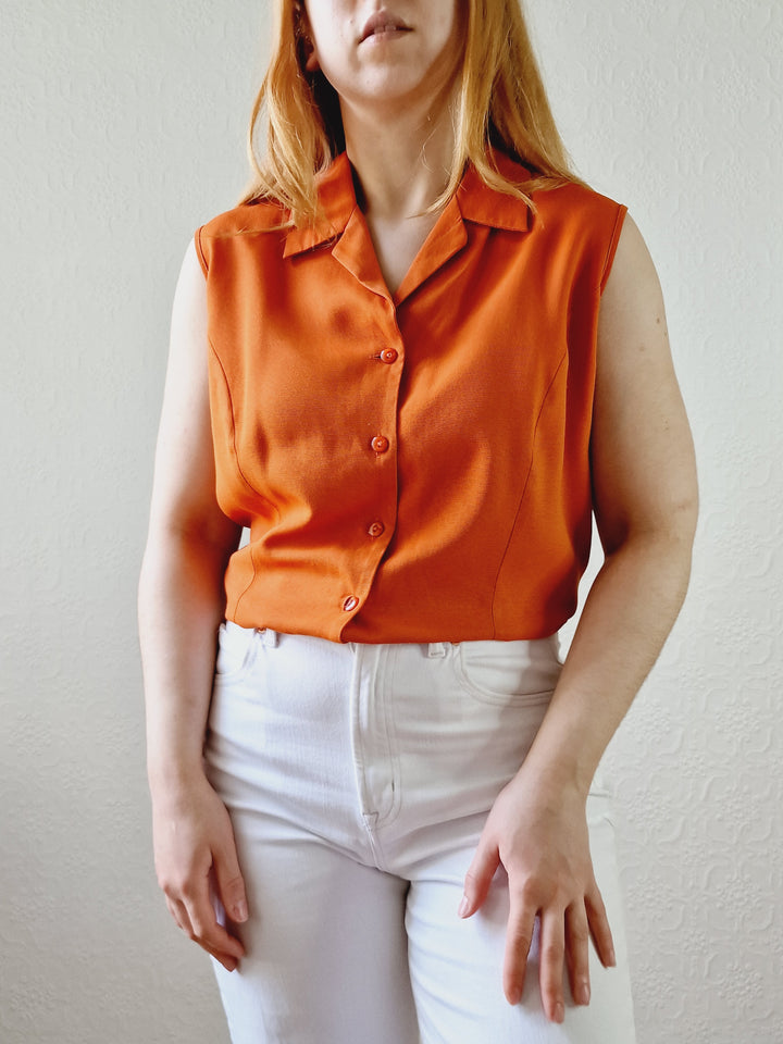 Vintage 90s Burnt Orange Button Down Sleeveless Blouse - L