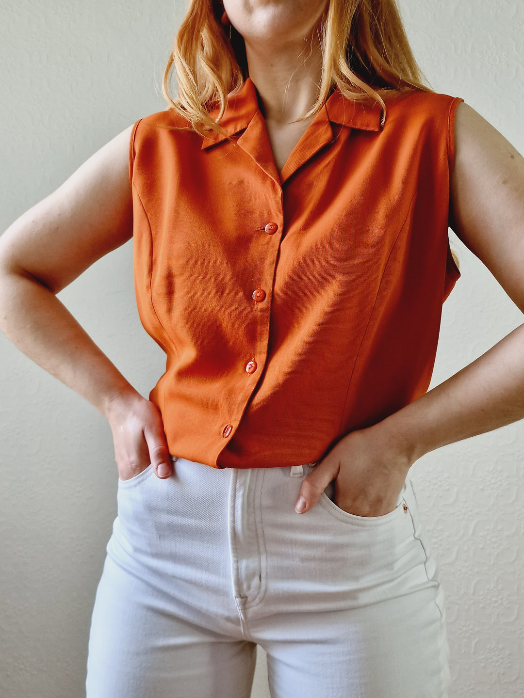 Vintage 90s Burnt Orange Button Down Sleeveless Blouse - L