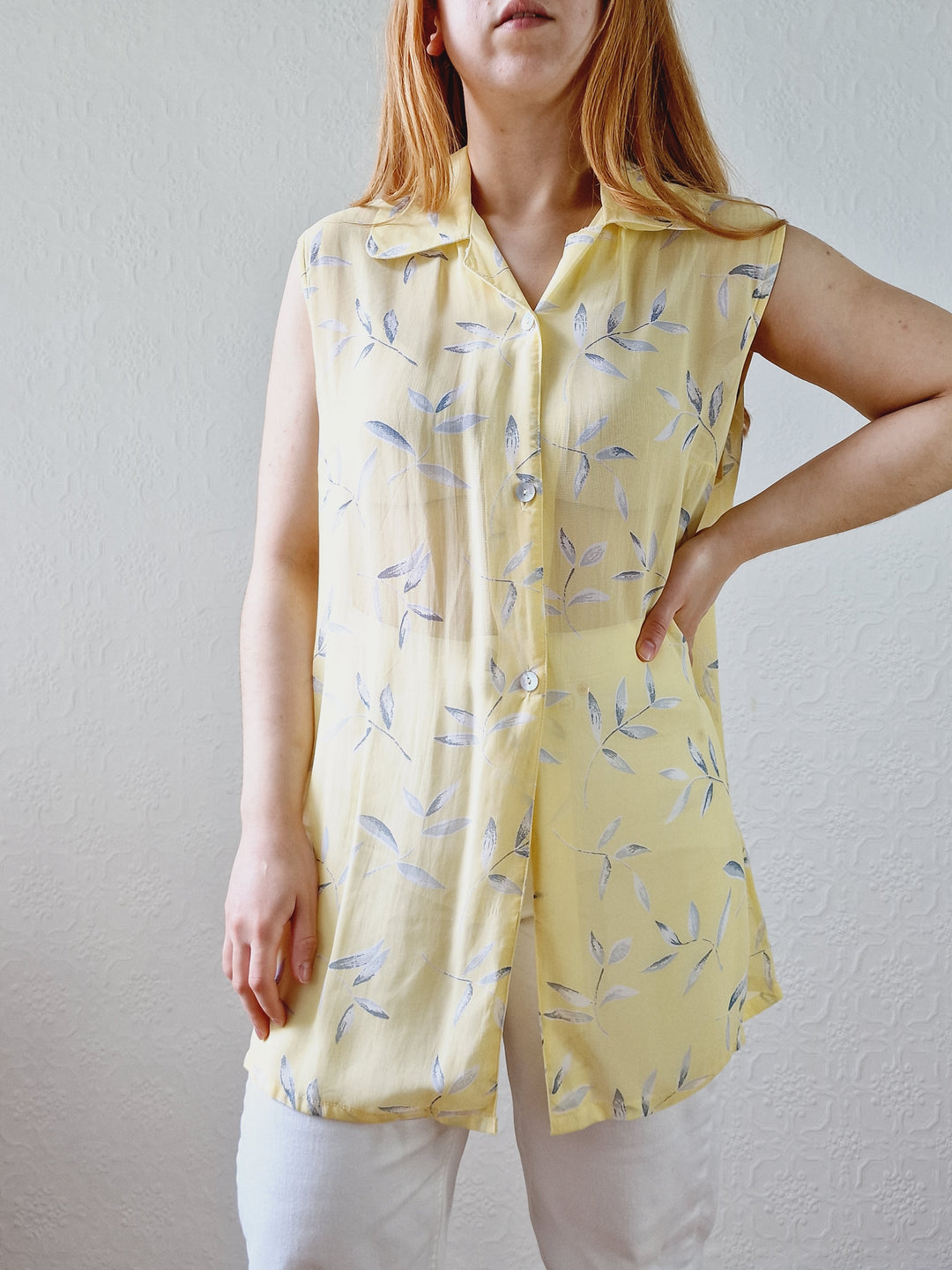 Vintage 90s Light Yellow Button Down Sleeveless Tunic Blouse - L