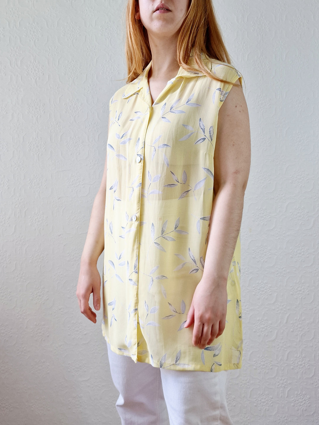 Vintage 90s Light Yellow Button Down Sleeveless Tunic Blouse - L