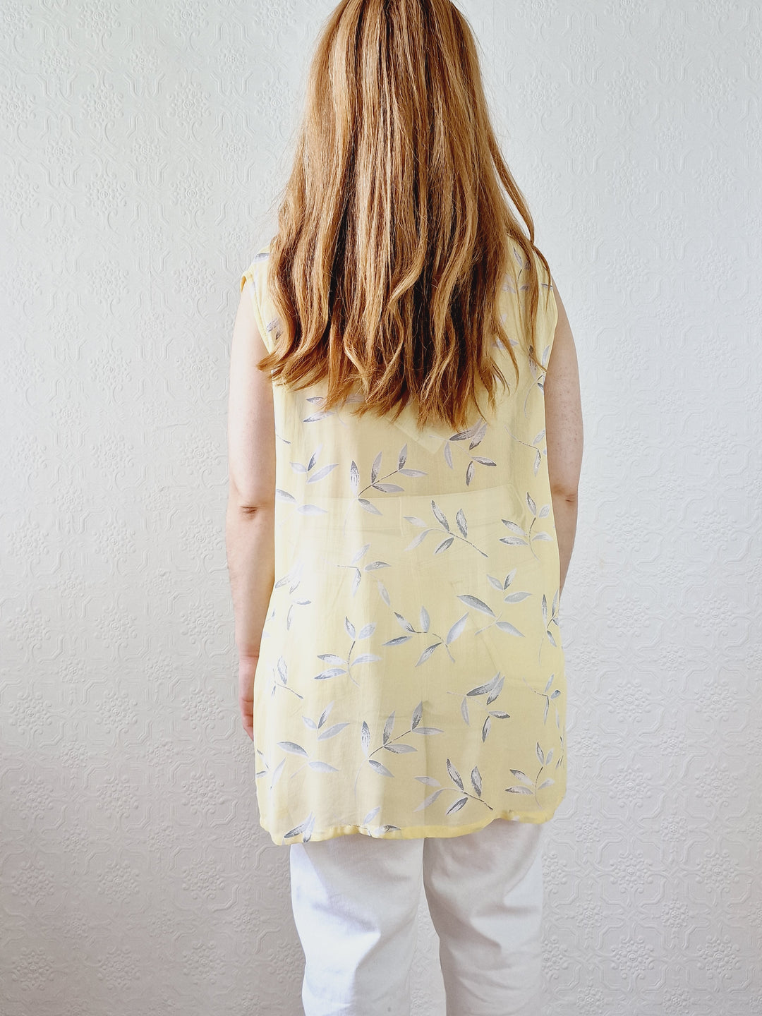 Vintage 90s Light Yellow Button Down Sleeveless Tunic Blouse - L