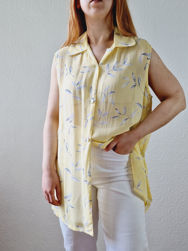 Vintage 90s Light Yellow Button Down Sleeveless Tunic Blouse - L