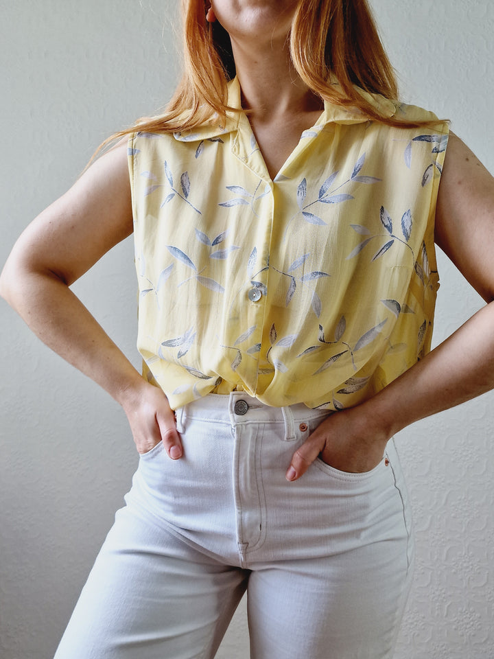 Vintage 90s Light Yellow Button Down Sleeveless Tunic Blouse - L