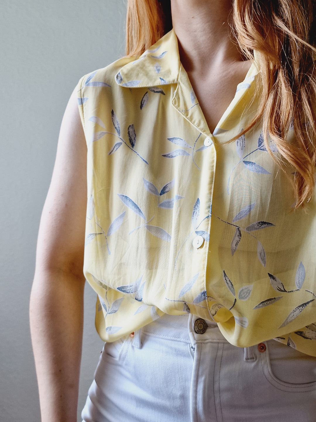 Vintage 90s Light Yellow Button Down Sleeveless Tunic Blouse - L