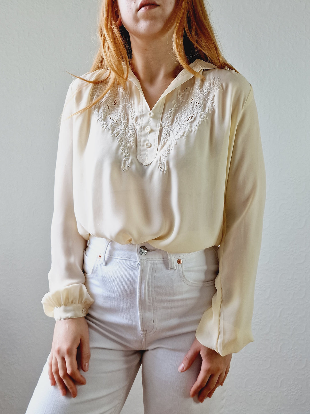 Vintage 80s Pale Yellow Long Sleeve Collared Blouse with Embroidery Detail - S/M